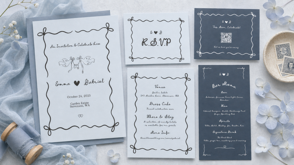 Ribbon & Ink — Hand-Drawn Wedding Invitation Suite