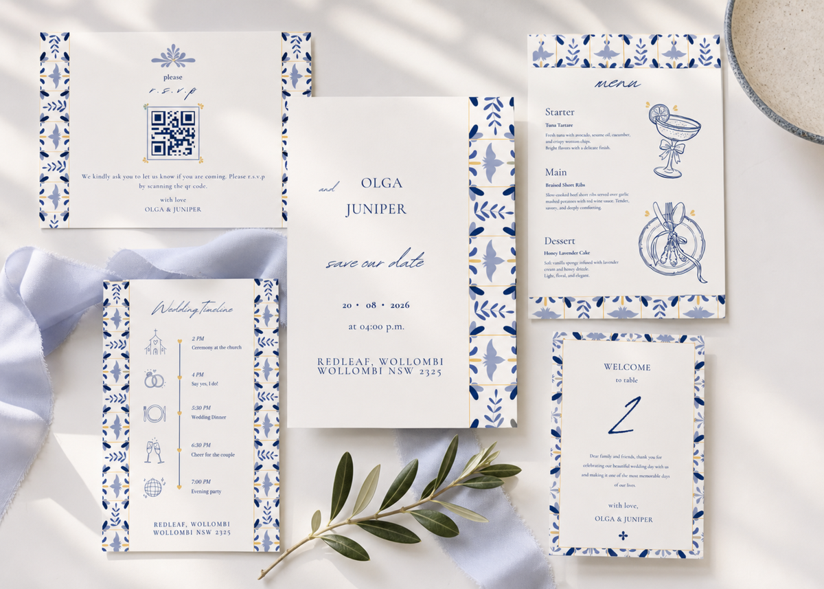 Indigo Folk — Mediterranean Wedding Invitation Suite