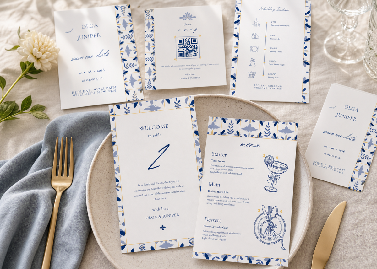 Indigo Folk — Mediterranean Wedding Invitation Suite
