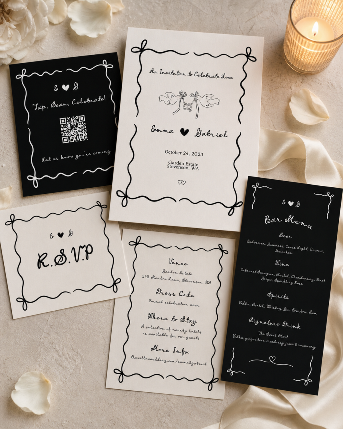 Ribbon & Ink — Hand-Drawn Wedding Invitation Suite