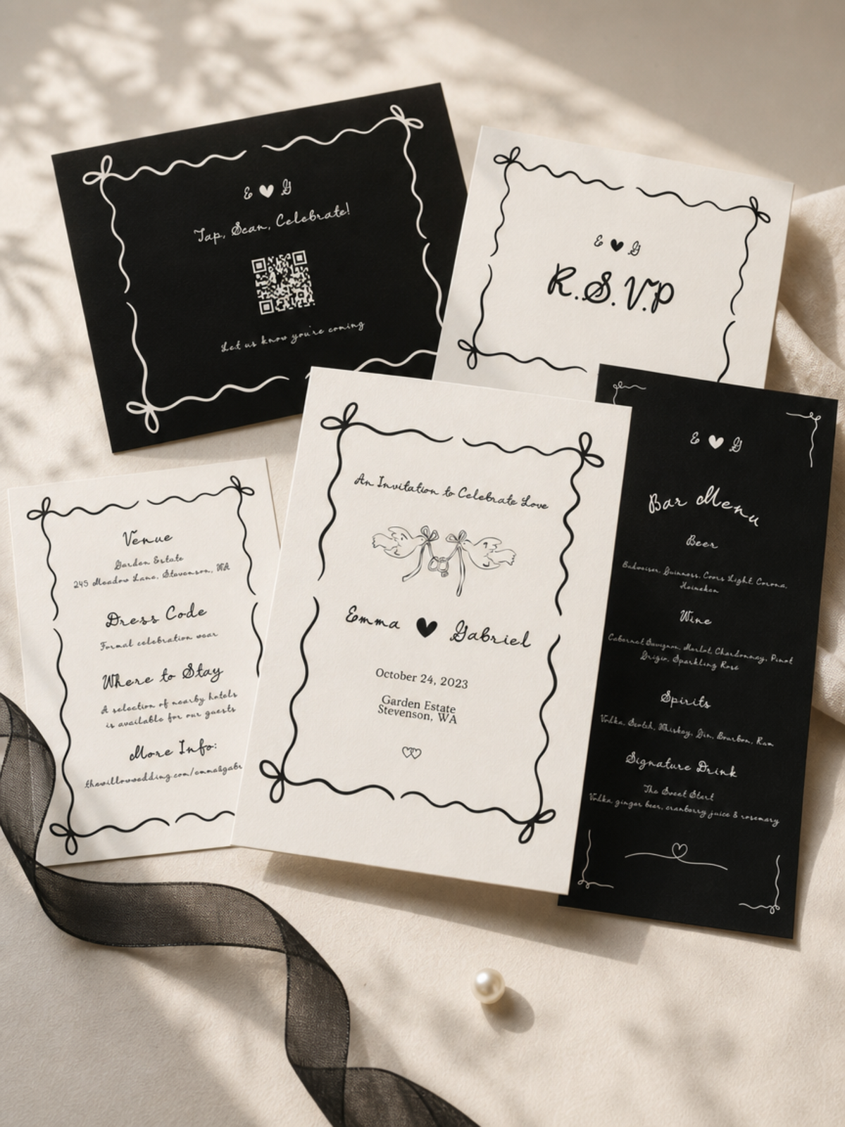 Ribbon & Ink — Hand-Drawn Wedding Invitation Suite