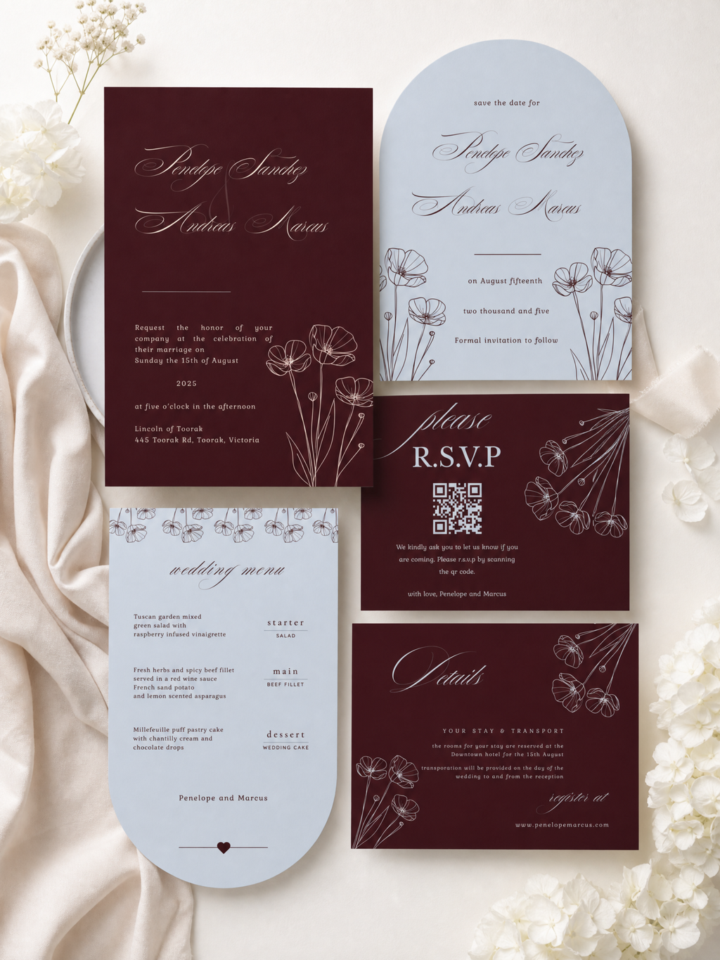 Claret & Sky — Autumn Wedding Invitation Suite
