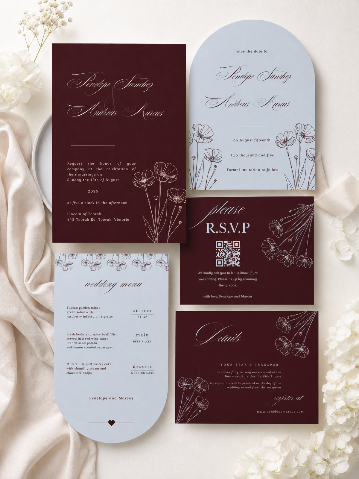 Claret & Sky — Autumn Wedding Invitation Suite