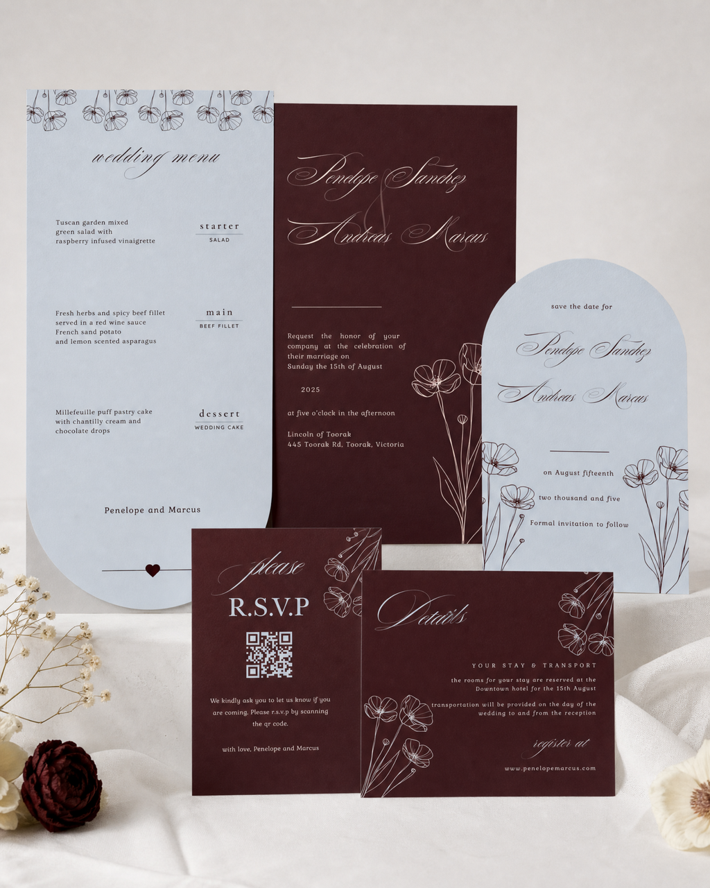 Claret & Sky — Autumn Wedding Invitation Suite