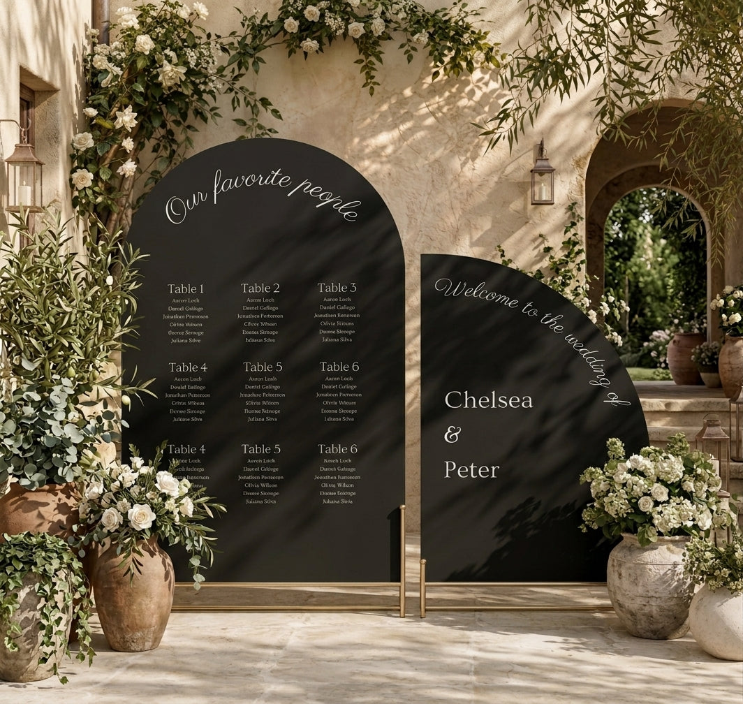 Sage Wedding Signage Combo - Black arched acrylic seating chart and welcome sign in Mediterranean courtyard with olive trees