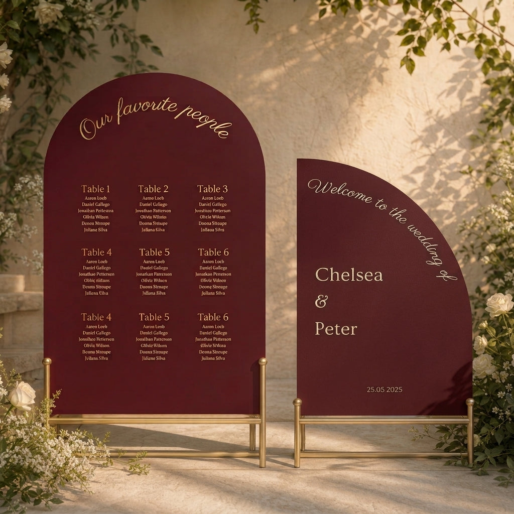 Sage Wedding Signage Combo - Burgundy deep red arched acrylic seating chart and welcome sign in outdoor stone courtyard
