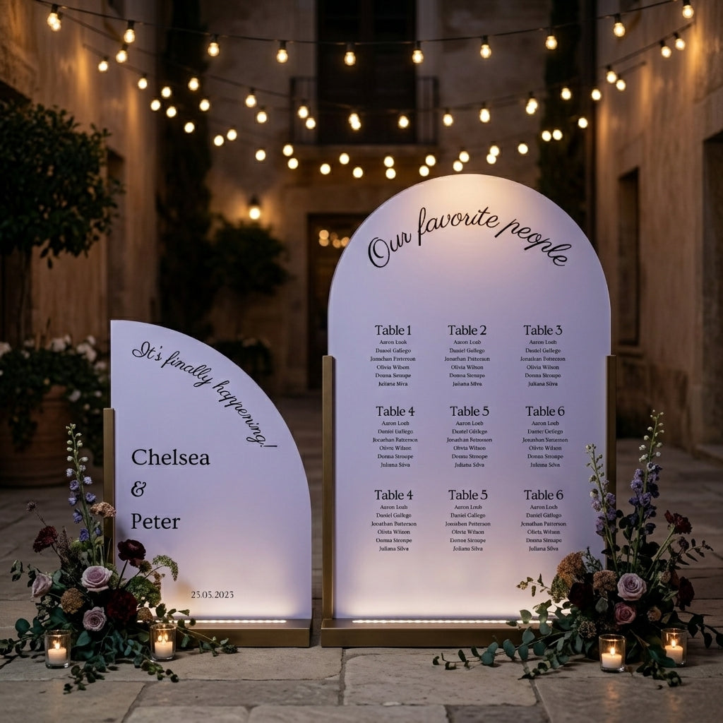 Sage Wedding Signage Combo - Frosted lavender arched acrylic seating chart and welcome sign in evening outdoor setting with string lights
