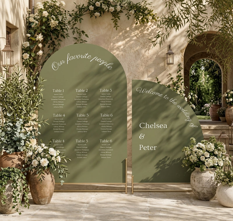 Wedding Signage Combo — outdoor Italian courtyard setting with sage arch seating chart and welcome sign, PoshPixels