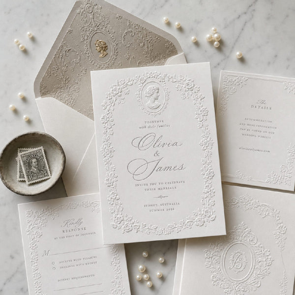 Embossed wedding invitation suite with envelope and wax seal