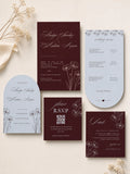 Claret and Sky wedding invitation suite: arched dusty blue save the date, burgundy invitation, QR RSVP card, arched menu and details card, all with line-drawn poppies