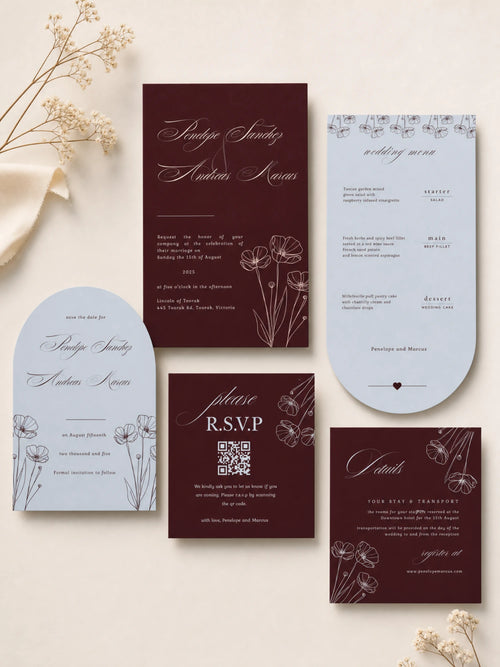 Claret and Sky wedding invitation suite: arched dusty blue save the date, burgundy invitation, QR RSVP card, arched menu and details card, all with line-drawn poppies
