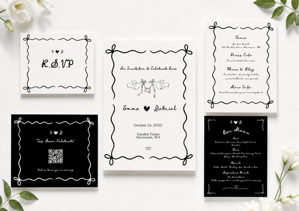 All five pieces of the Ribbon & Ink suite: invitation, RSVP card, QR card, details card and bar menu