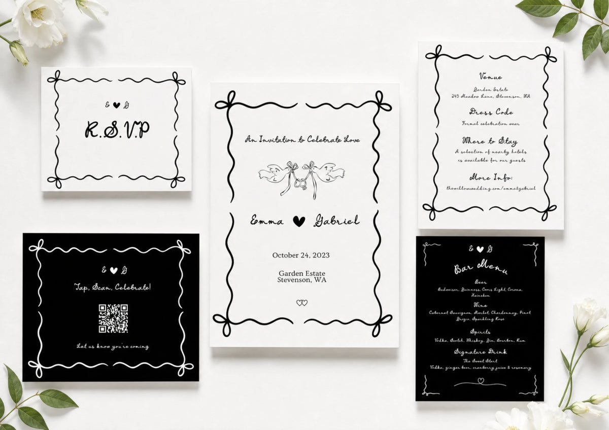 All five pieces of the Ribbon & Ink suite: invitation, RSVP card, QR card, details card and bar menu